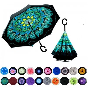 2019 nový design dvojité vrstvy uvnitř tiskové květiny obrácené vzhůru nohama rovný deštník